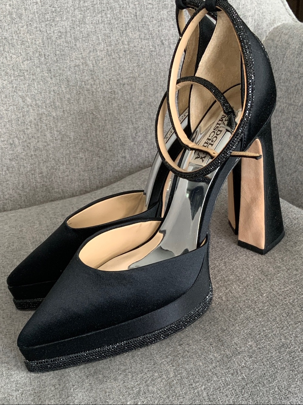 Badgley Mischka Black Satin Platform Ankle-Strap Heels